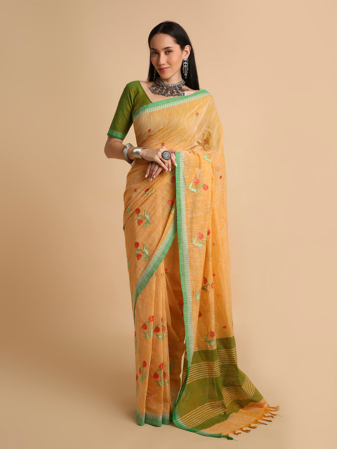 Pure Cotton Handloom Embroidered Saree with Blouse Piece