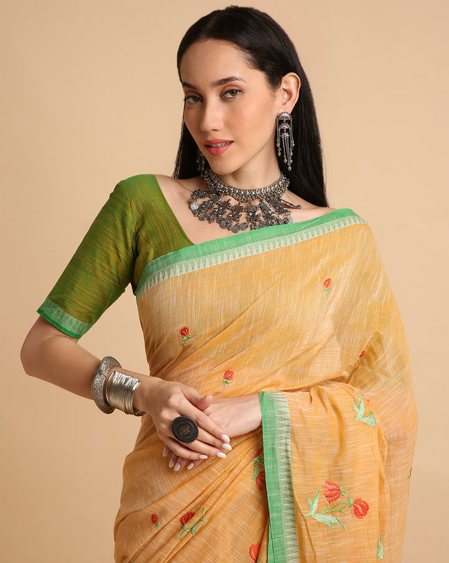 Pure Cotton Handloom Embroidered Saree with Blouse Piece