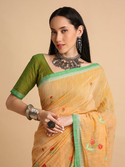 Pure Cotton Handloom Embroidered Saree with Blouse Piece