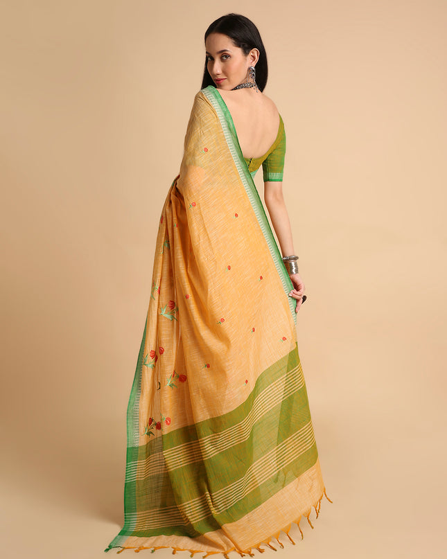 Pure Cotton Handloom Embroidered Saree with Blouse Piece