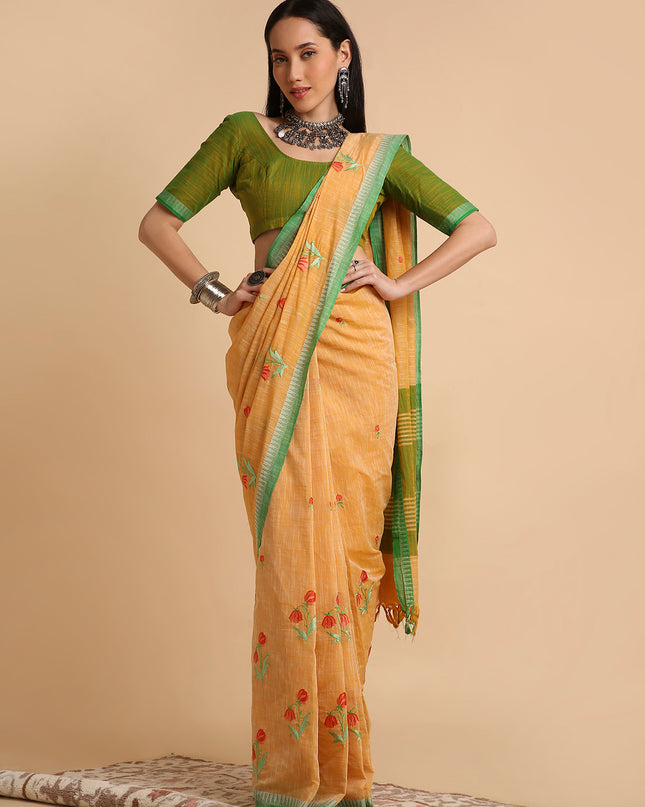 Pure Cotton Handloom Embroidered Saree with Blouse Piece