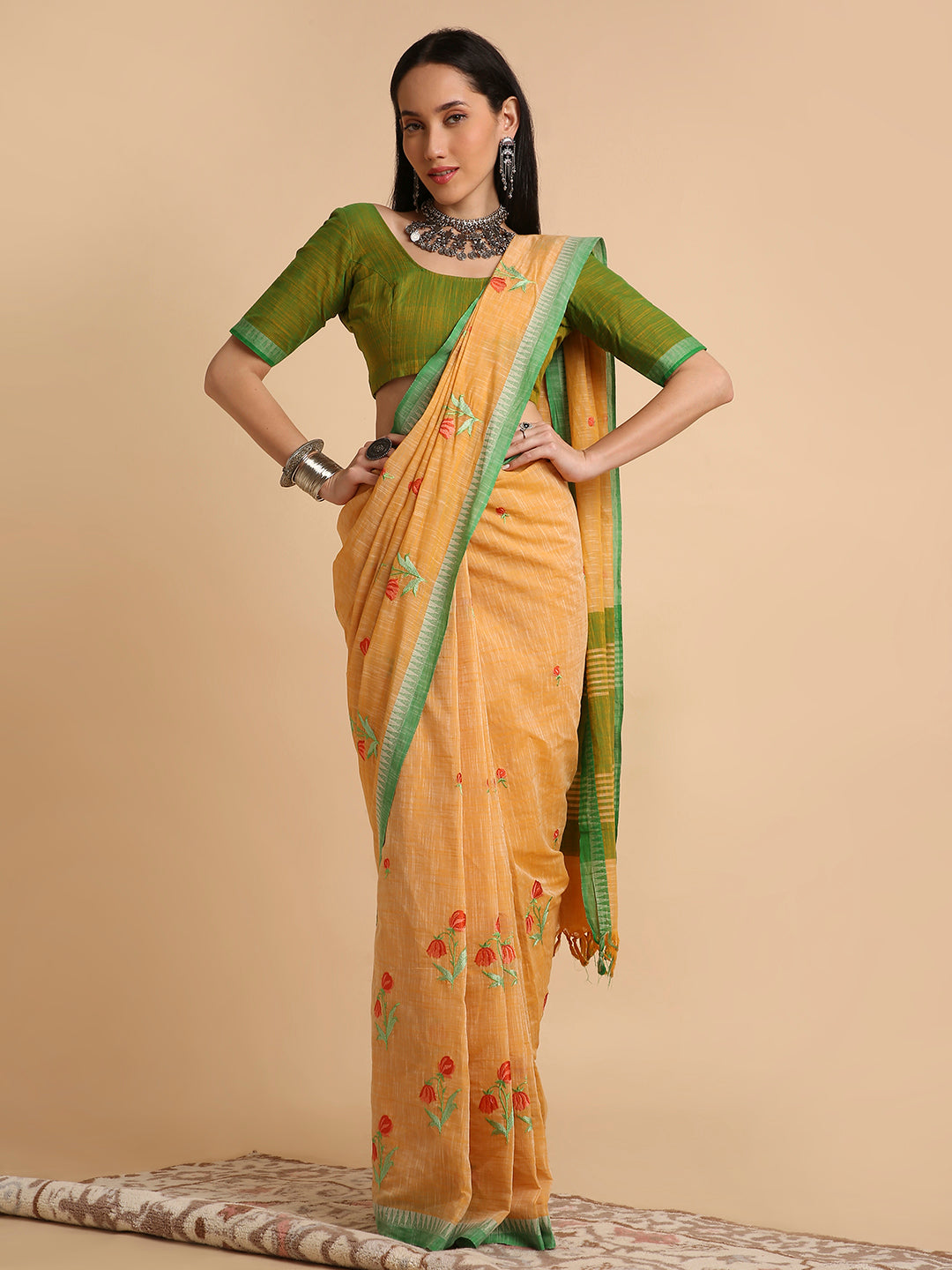 Pure Cotton Handloom Embroidered Saree with Blouse Piece
