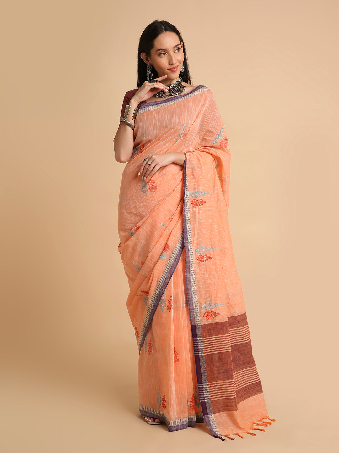 Pure Cotton Handloom Embroidered Saree with Blouse Piece