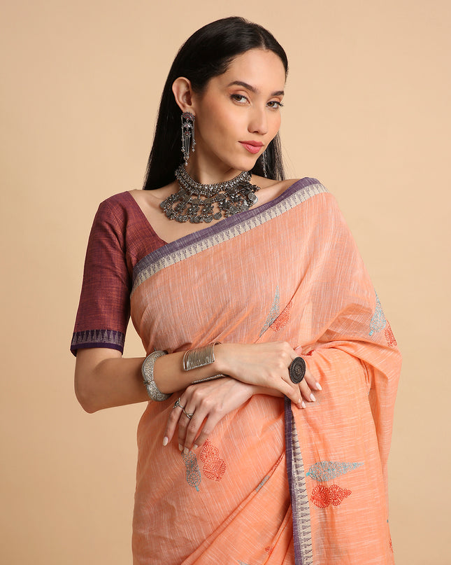 Pure Cotton Handloom Embroidered Saree with Blouse Piece