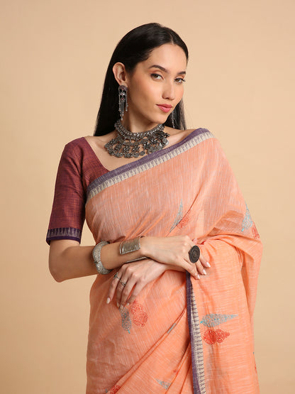 Pure Cotton Handloom Embroidered Saree with Blouse Piece