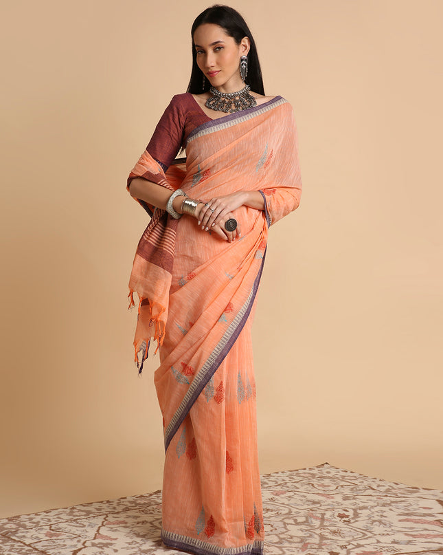 Pure Cotton Handloom Embroidered Saree with Blouse Piece