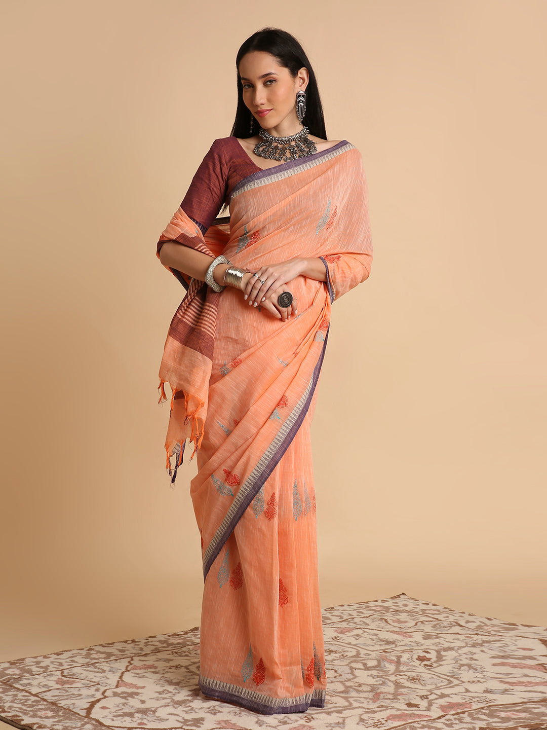 Pure Cotton Handloom Embroidered Saree with Blouse Piece