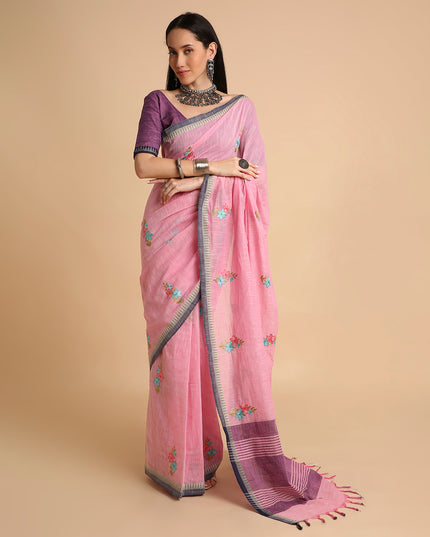Pure Cotton Handloom Embroidered Saree with Blouse Piece