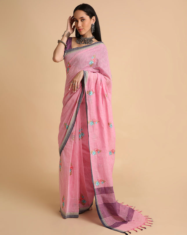 Pure Cotton Handloom Embroidered Saree with Blouse Piece