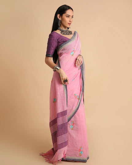 Pure Cotton Handloom Embroidered Saree with Blouse Piece