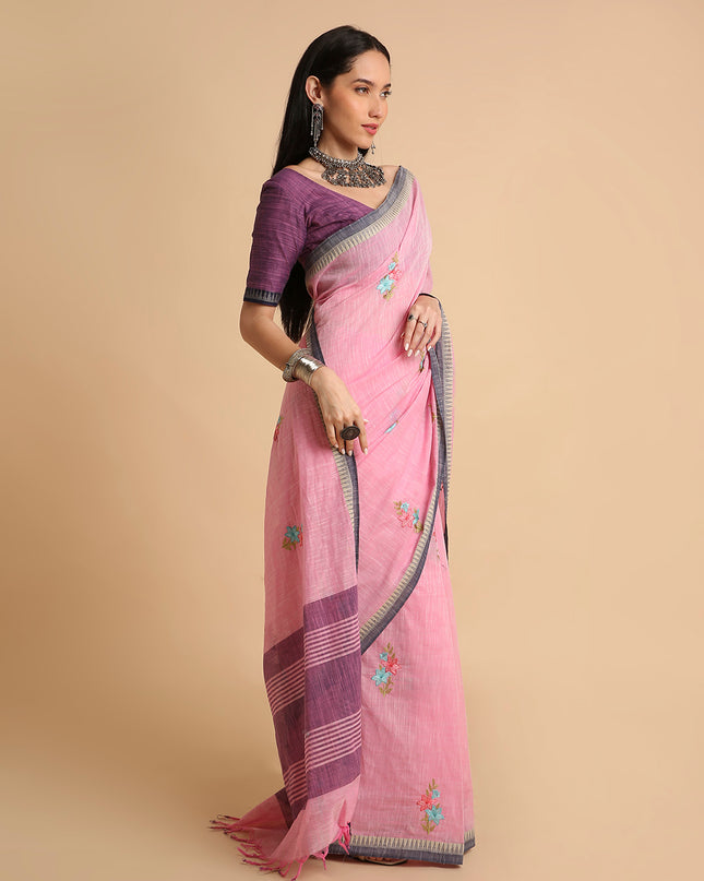 Pure Cotton Handloom Embroidered Saree with Blouse Piece