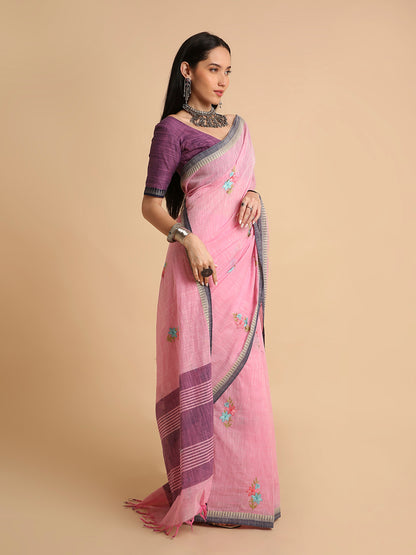 Pure Cotton Handloom Embroidered Saree with Blouse Piece