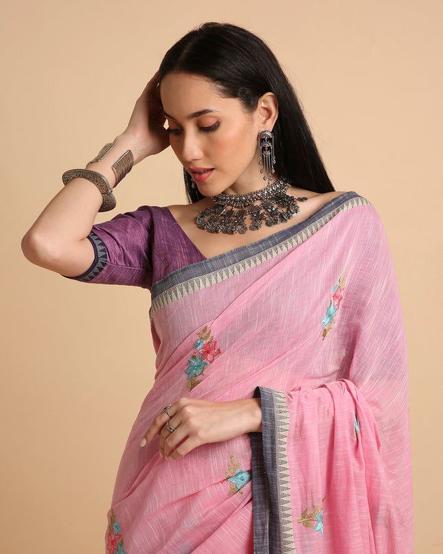 Pure Cotton Handloom Embroidered Saree with Blouse Piece