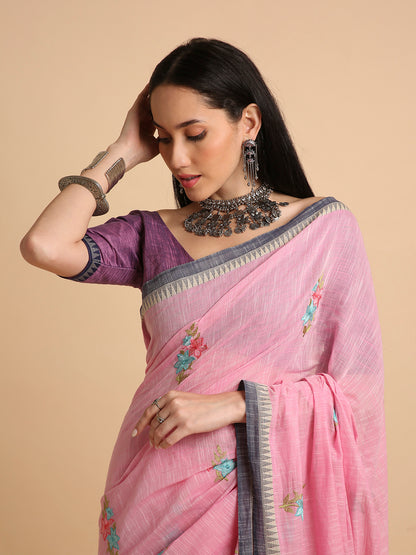 Pure Cotton Handloom Embroidered Saree with Blouse Piece