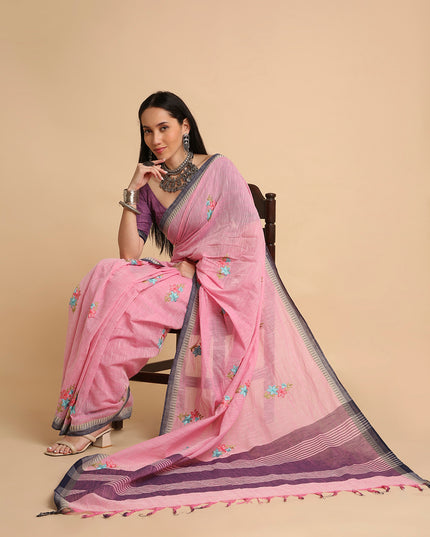 Pure Cotton Handloom Embroidered Saree with Blouse Piece