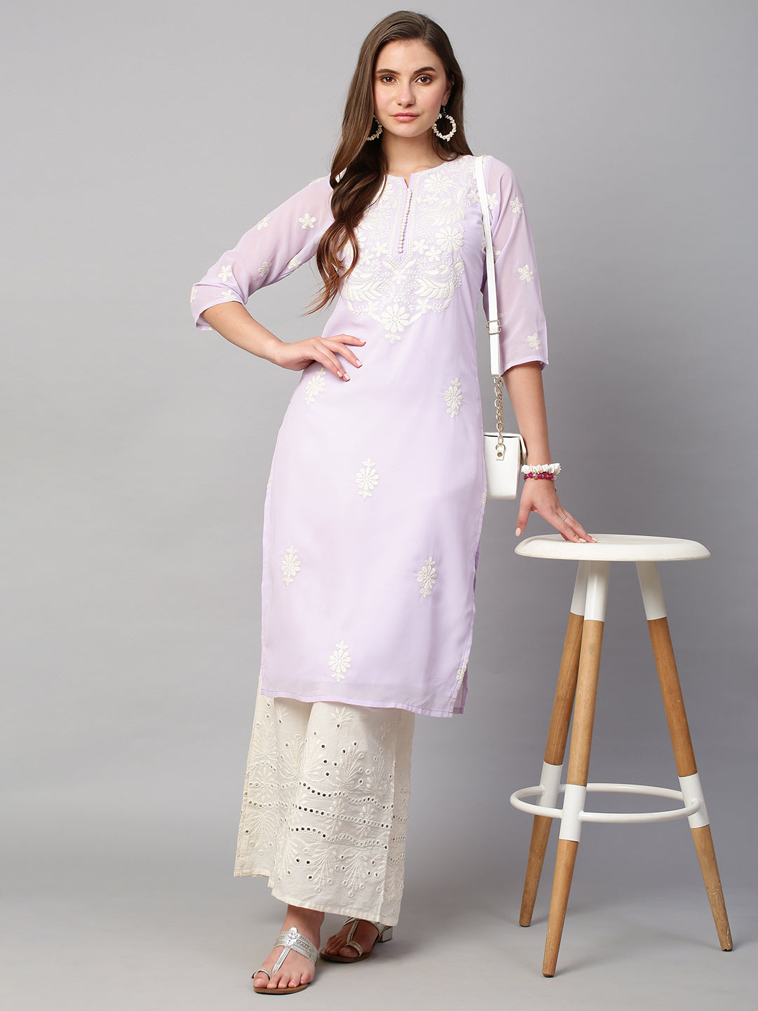 Women's Georgette Straight Lucknowi Chikankari Ethinic Wear Kurta