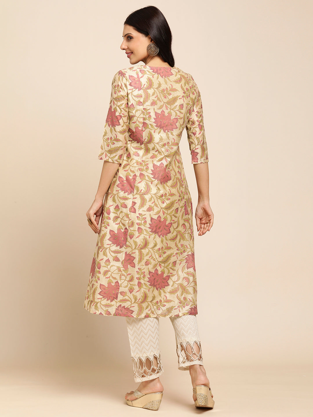 RATAN Chanderi Silk Gold Printed Flared Ethnic Wear Kurti for Women