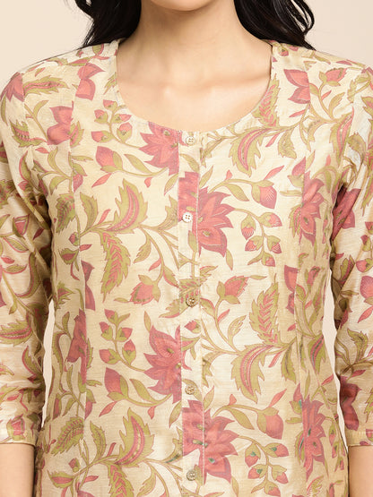 RATAN Chanderi Silk Gold Printed Flared Ethnic Wear Kurti for Women