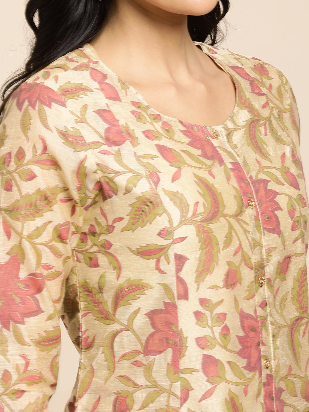 Chanderi Silk Gold Printed Flared Ethnic Wear Kurti for Women