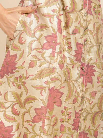 Chanderi Silk Gold Printed Flared Ethnic Wear Kurti for Women