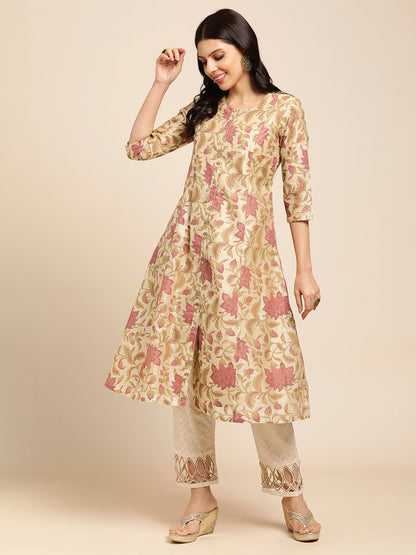 RATAN Chanderi Silk Gold Printed Flared Ethnic Wear Kurti for Women