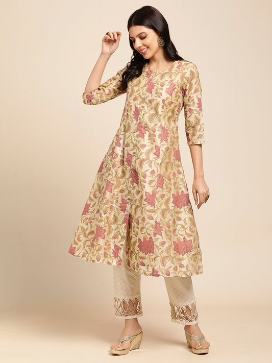 RATAN Chanderi Silk Gold Printed Flared Ethnic Wear Kurti for Women