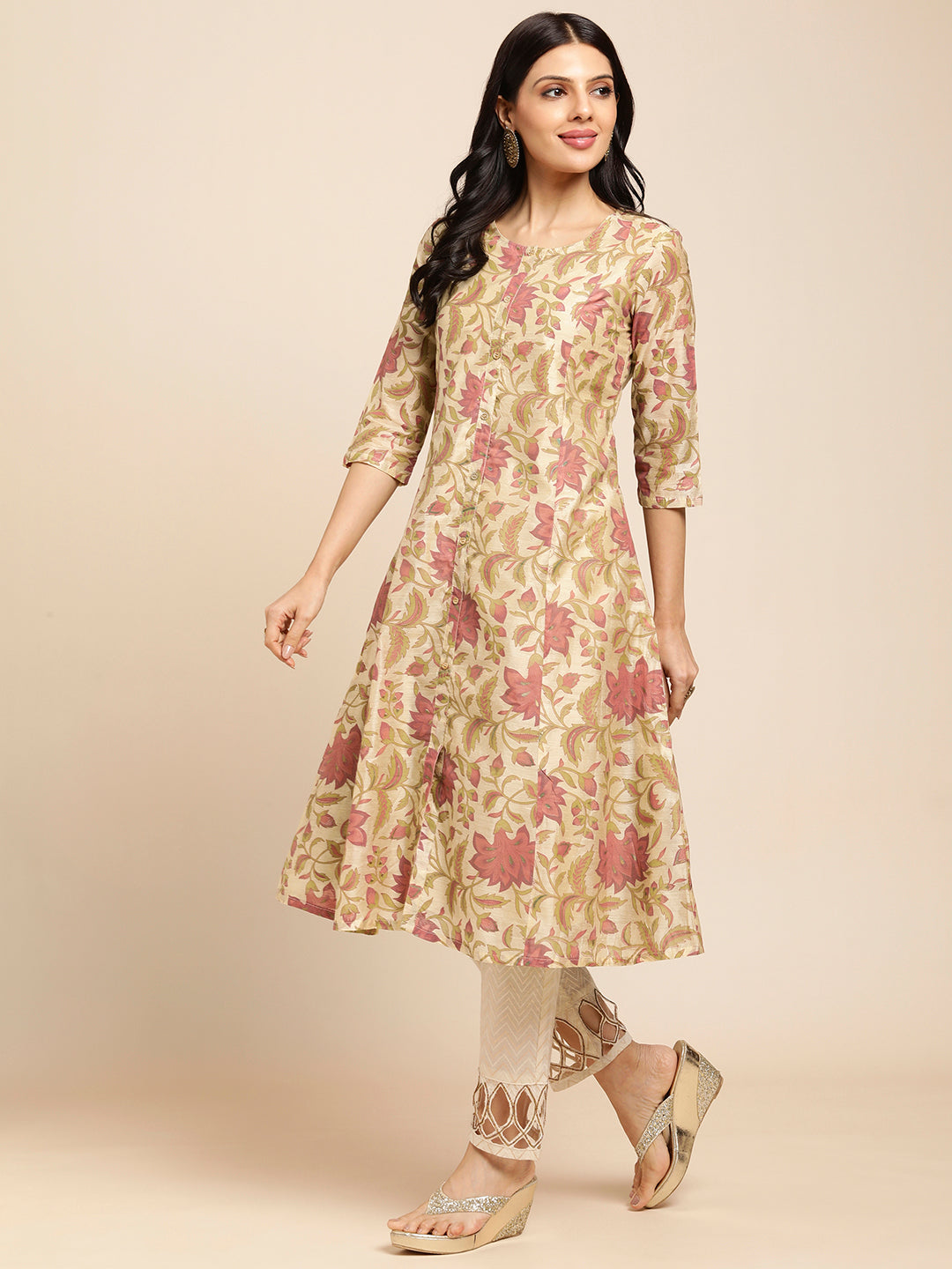 RATAN Chanderi Silk Gold Printed Flared Ethnic Wear Kurti for Women