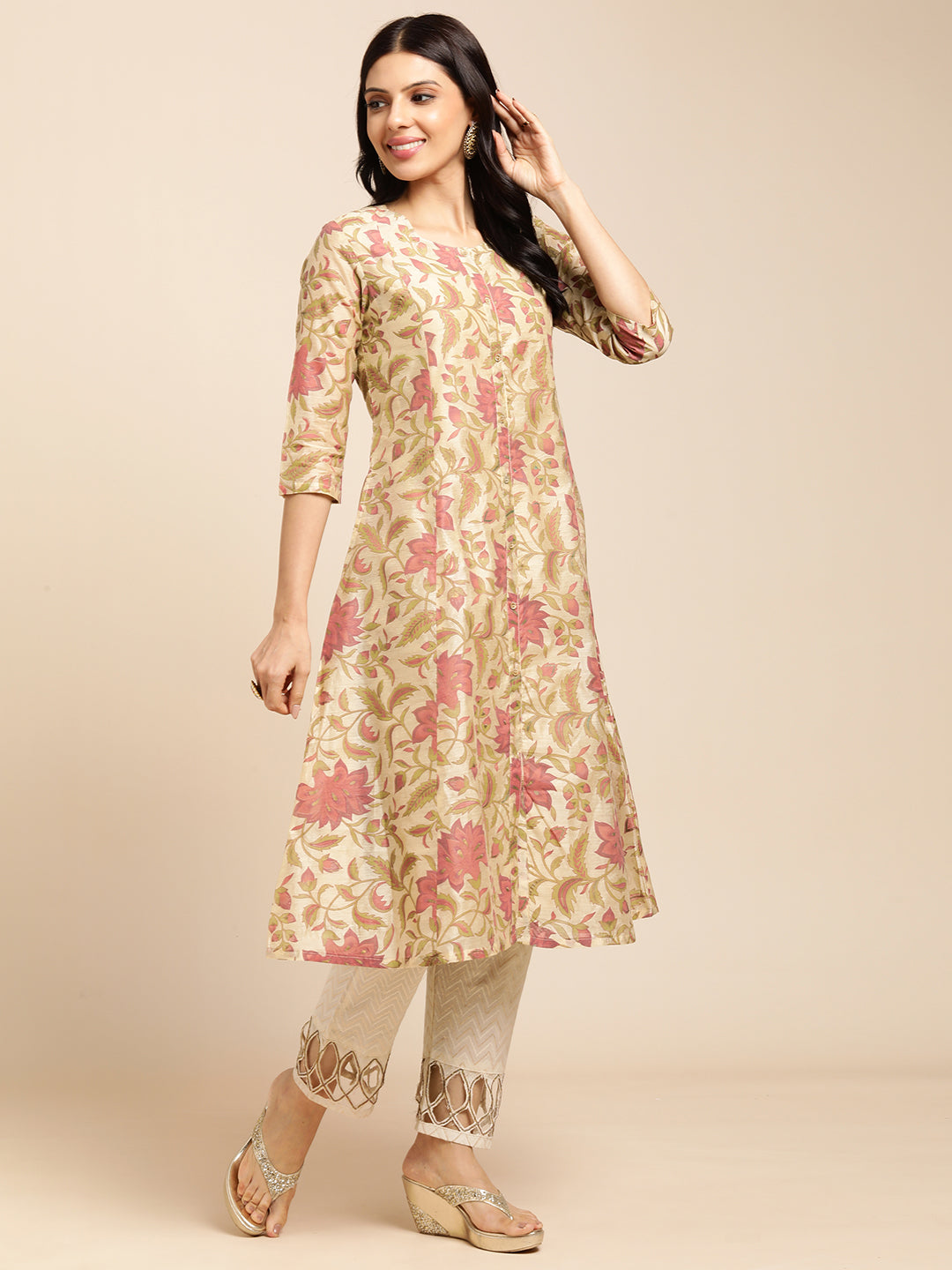 RATAN Chanderi Silk Gold Printed Flared Ethnic Wear Kurti for Women