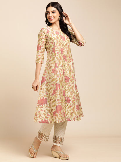 RATAN Chanderi Silk Gold Printed Flared Ethnic Wear Kurti for Women