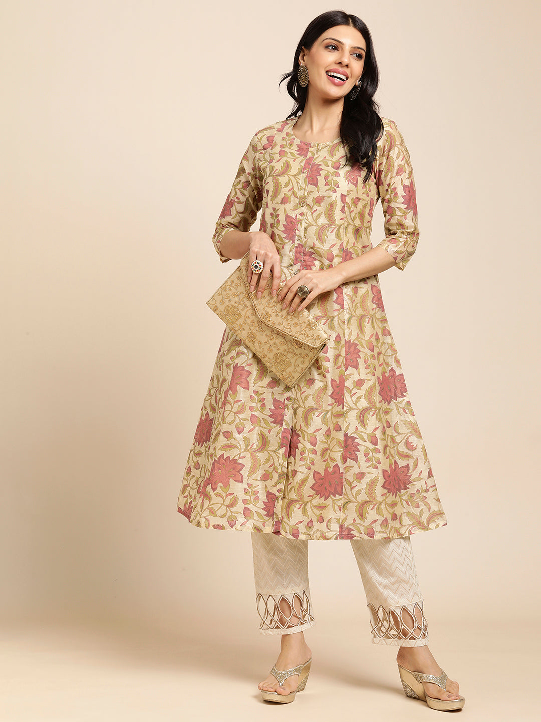 Chanderi Silk Gold Printed Flared Ethnic Wear Kurti for Women