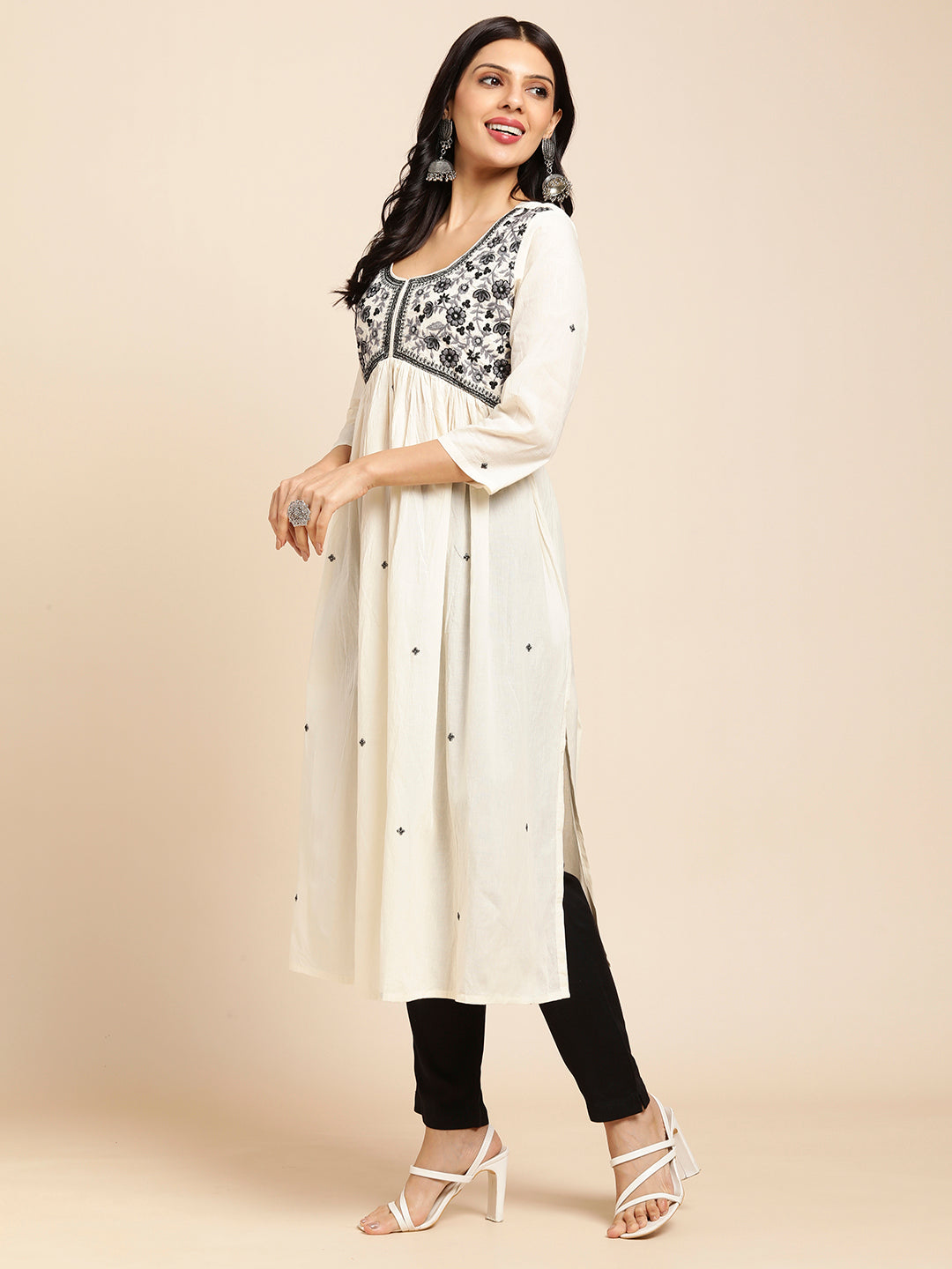 RATAN Women's Cotton Flared Lucknowi Chikankari Ethinic Wear Kurta ( PIHU-555-3X-Large_Cream )