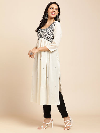 RATAN Women's Cotton Flared Lucknowi Chikankari Ethinic Wear Kurta ( PIHU-555-3X-Large_Cream )