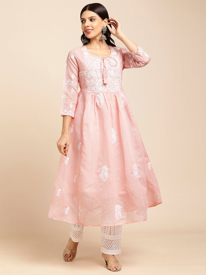 RATAN Women's Muga Cotton Flared Lucknowi Chikankari Ethnic Wear Kurta