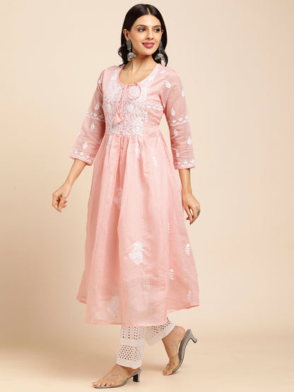 RATAN Women's Muga Cotton Flared Lucknowi Chikankari Ethnic Wear Kurta