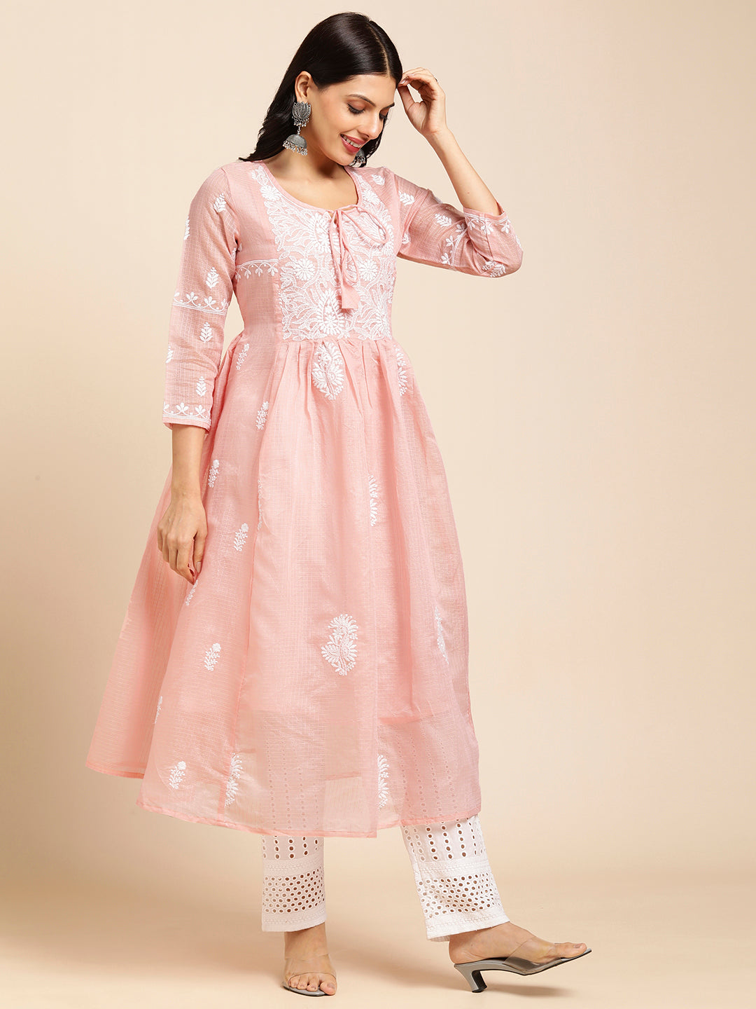 RATAN Women's Muga Cotton Flared Lucknowi Chikankari Ethnic Wear Kurta