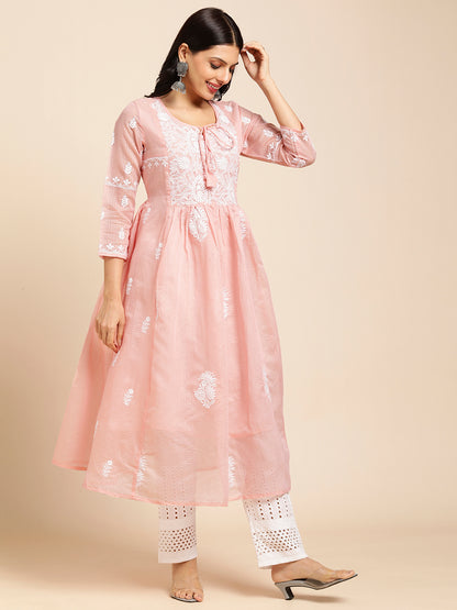 RATAN Women's Muga Cotton Flared Lucknowi Chikankari Ethnic Wear Kurta