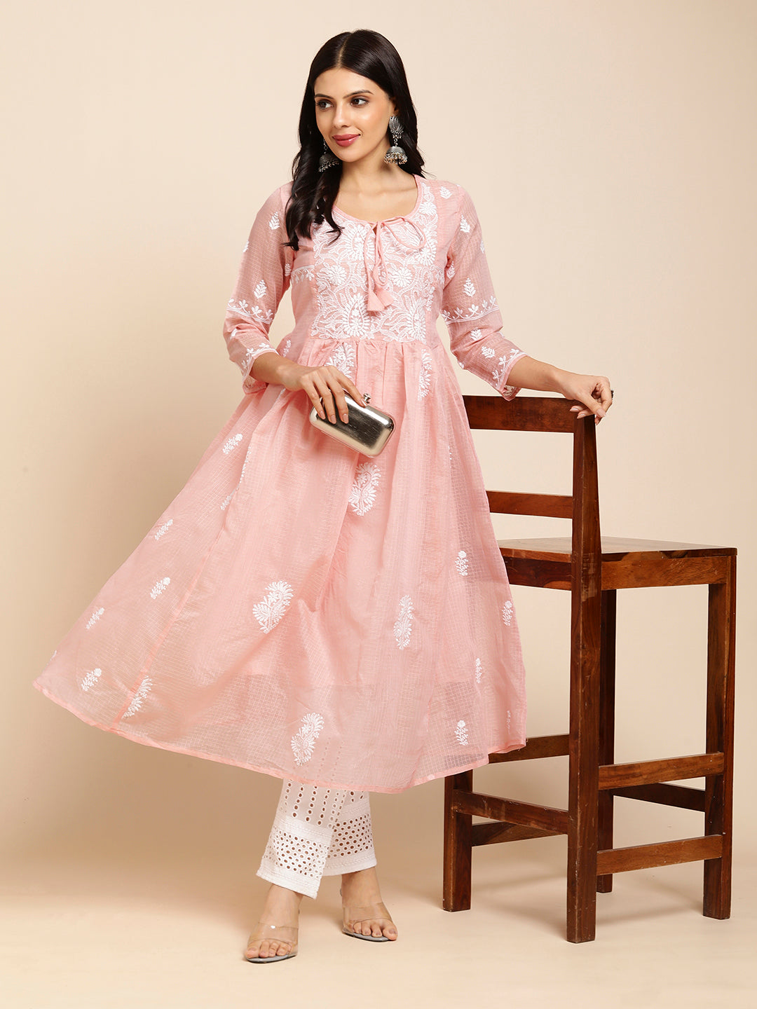 RATAN Women's Muga Cotton Flared Lucknowi Chikankari Ethnic Wear Kurta
