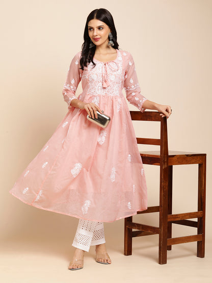 RATAN Women's Muga Cotton Flared Lucknowi Chikankari Ethnic Wear Kurta