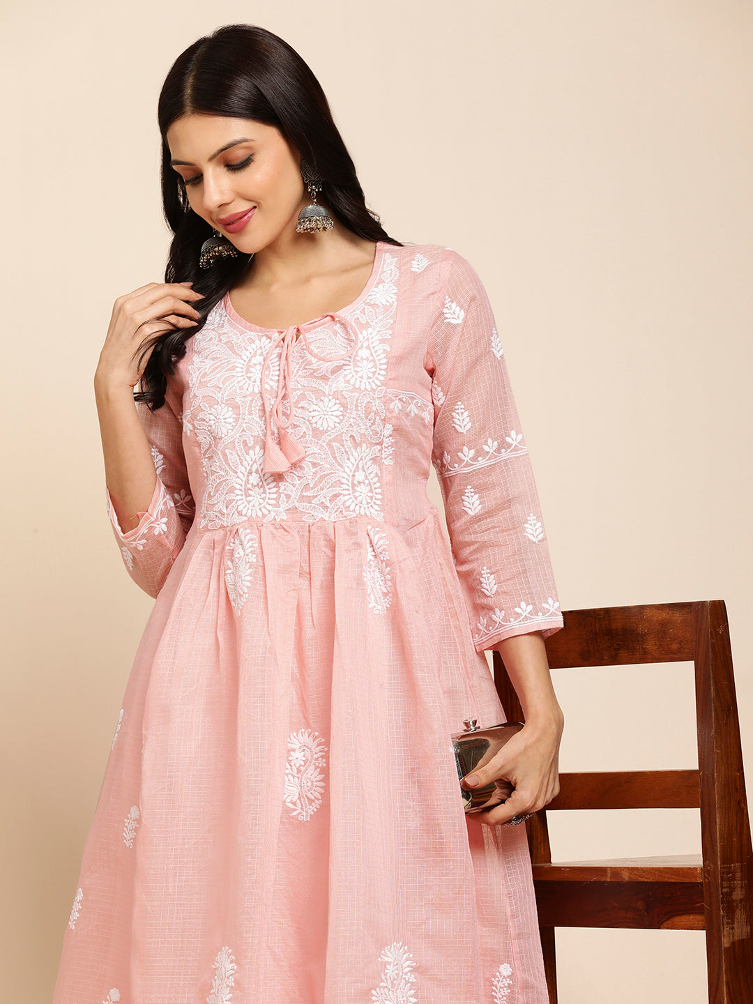 RATAN Women's Muga Cotton Flared Lucknowi Chikankari Ethnic Wear Kurta
