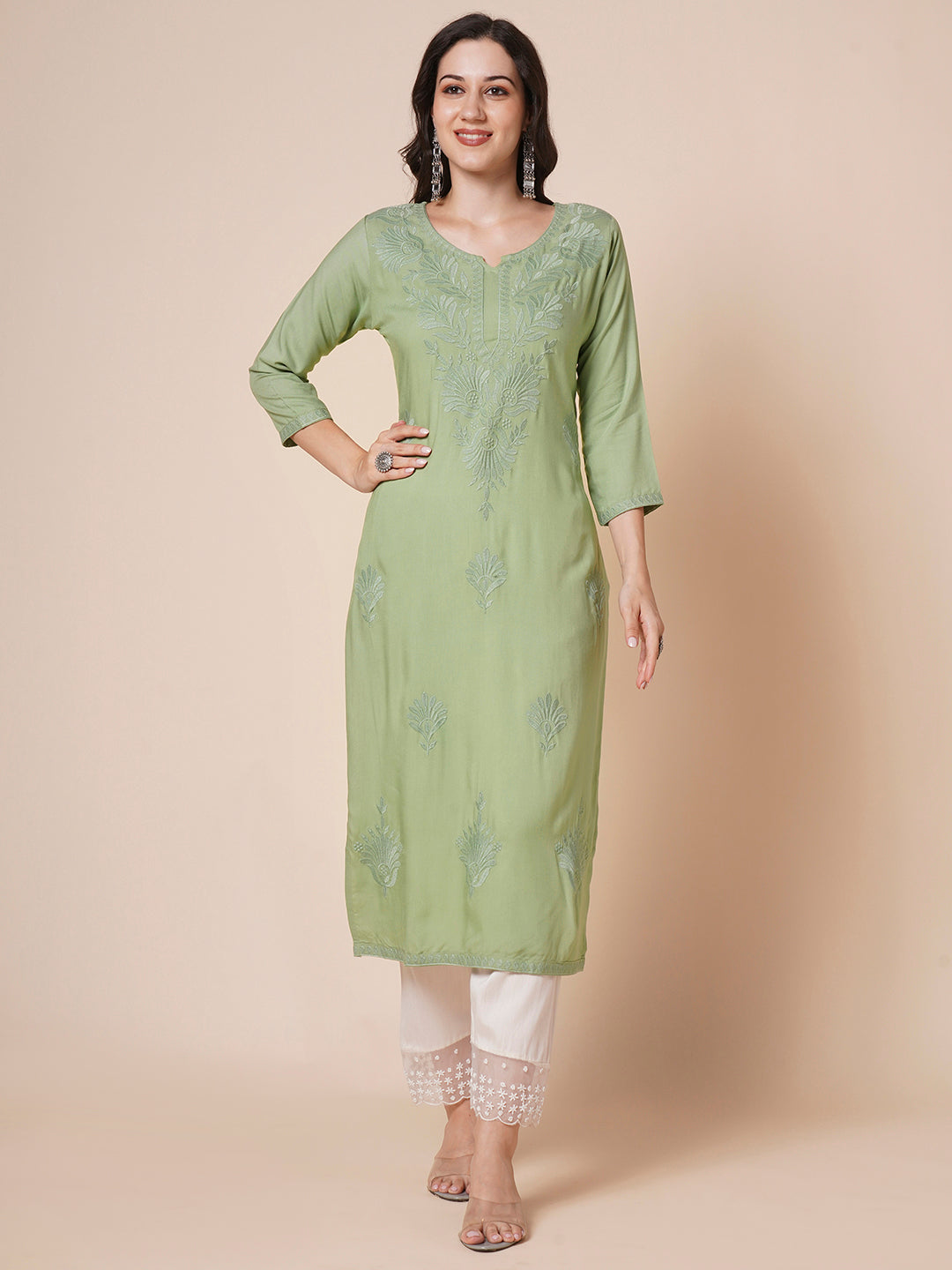 Rayon Straight Lucknowi Chikankari Ethnic Wear Kurta