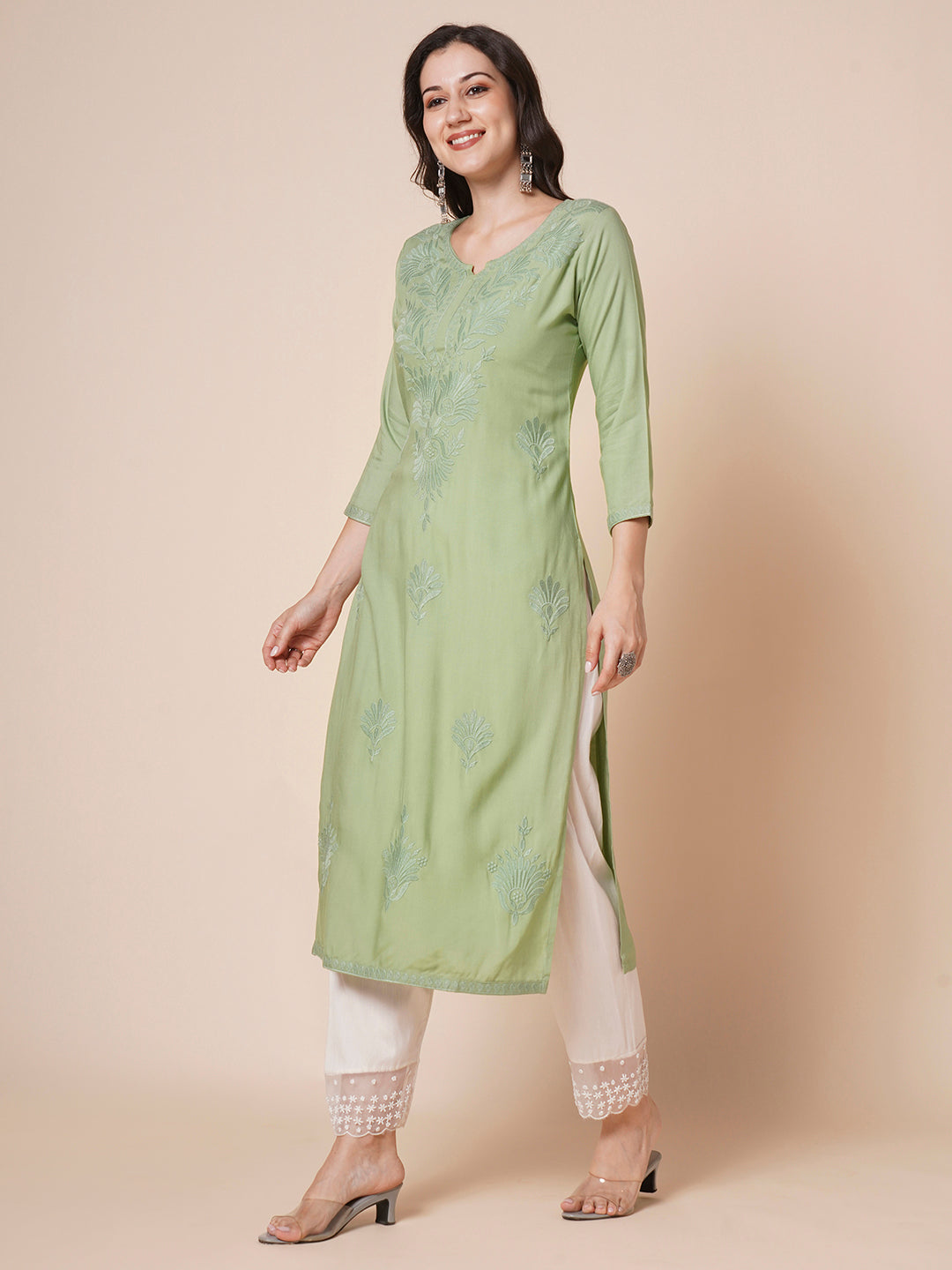 Rayon Straight Lucknowi Chikankari Ethnic Wear Kurta