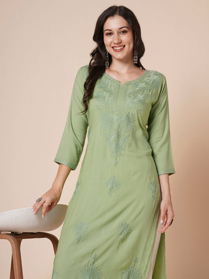 Rayon Straight Lucknowi Chikankari Ethnic Wear Kurta