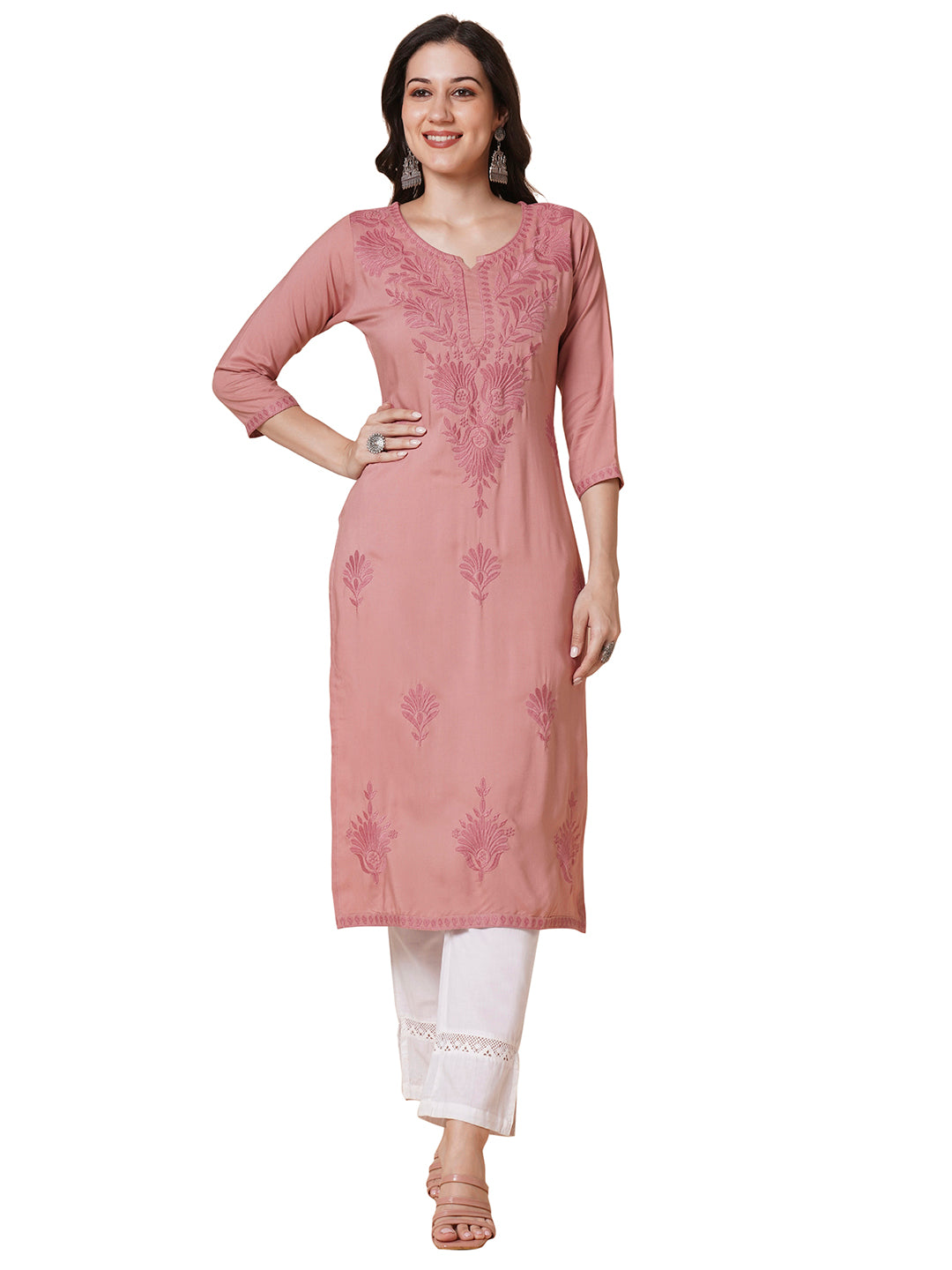 Rayon Straight Lucknowi Chikankari Ethnic Wear Kurta