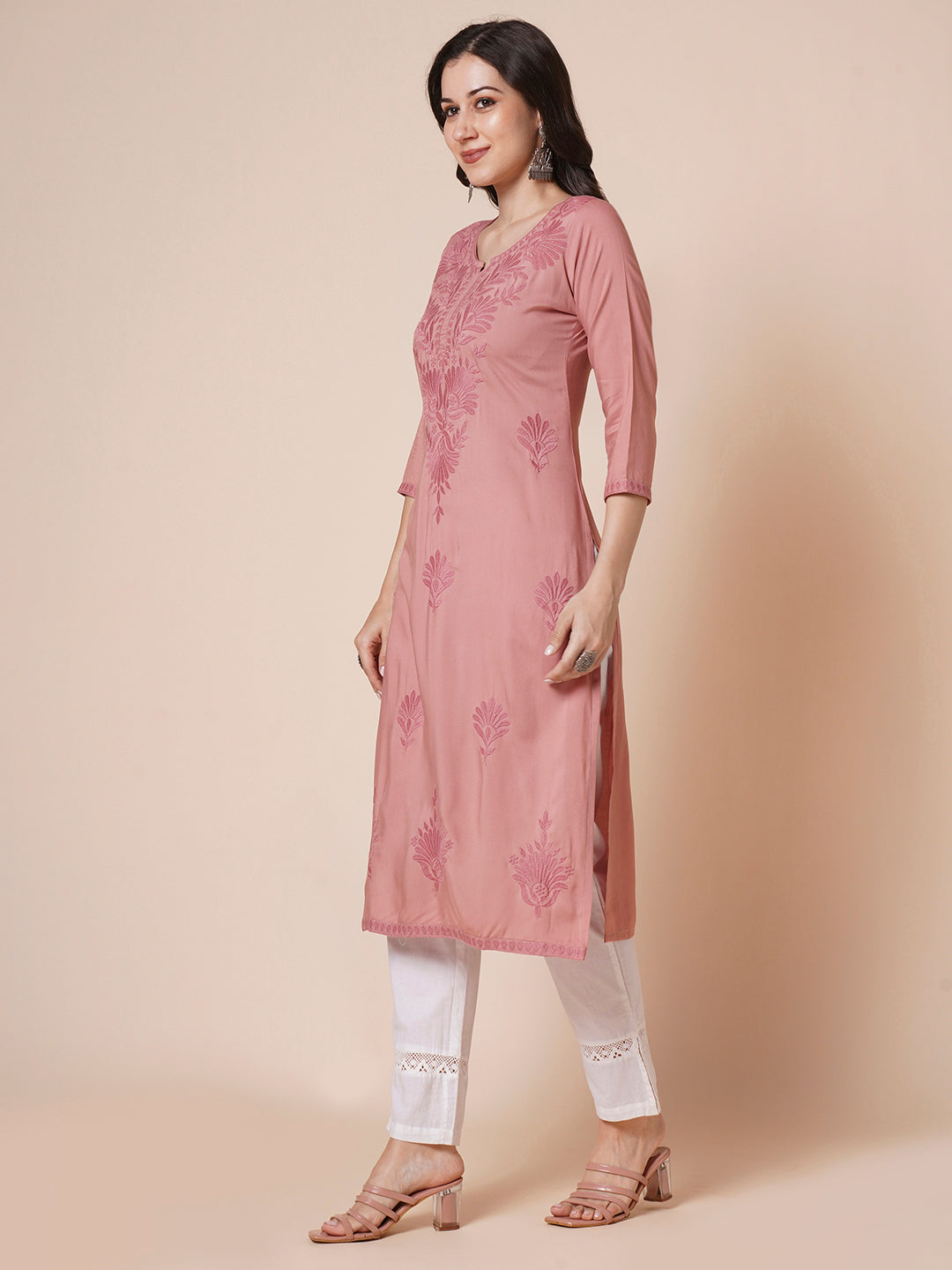 Rayon Straight Lucknowi Chikankari Ethnic Wear Kurta