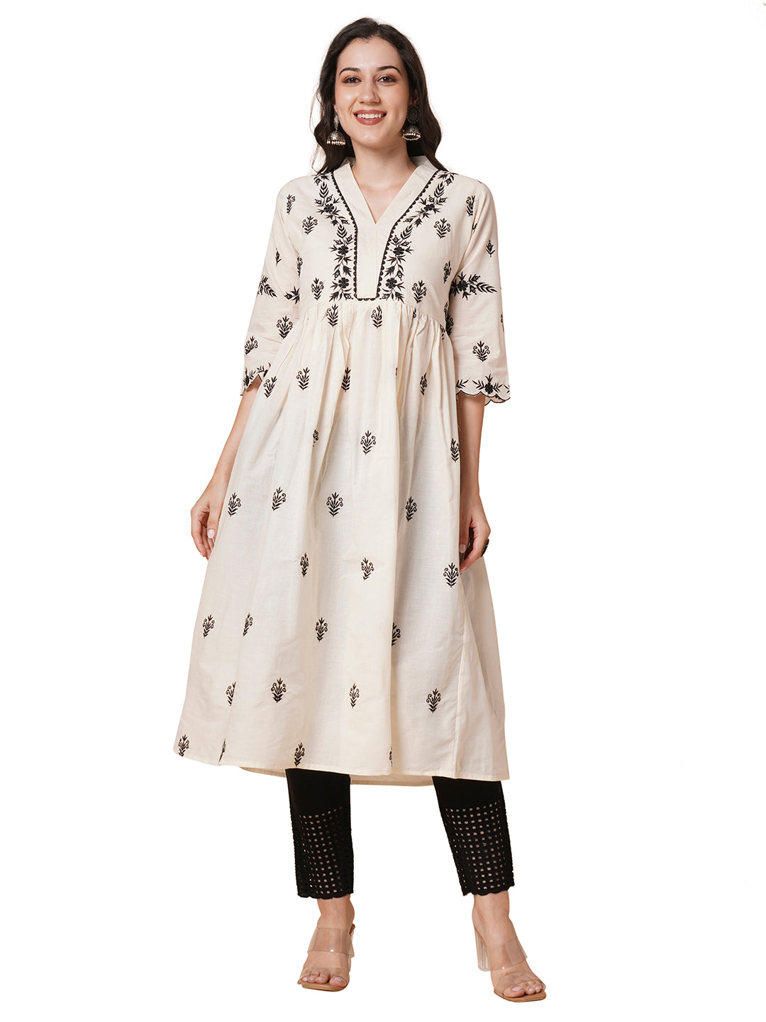 RATAN Women's Cotton Flared Lucknowi Chikankari Ethinic Wear Kurta