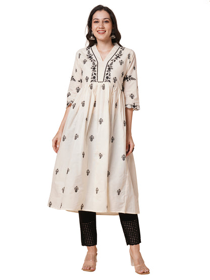RATAN Women's Cotton Flared Lucknowi Chikankari Ethinic Wear Kurta