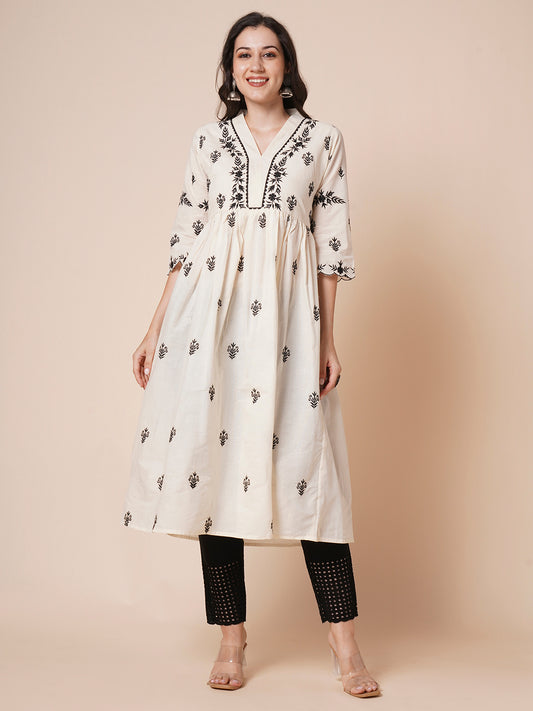 RATAN Women's Cotton Flared Lucknowi Chikankari Ethinic Wear Kurta