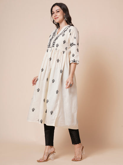 Women's Cotton Flared Lucknowi Chikankari Ethinic Wear Kurta