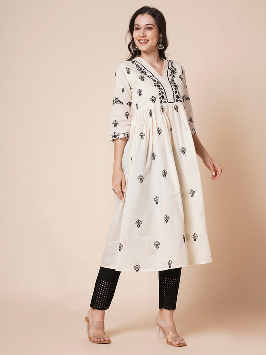 Women's Cotton Flared Lucknowi Chikankari Ethinic Wear Kurta