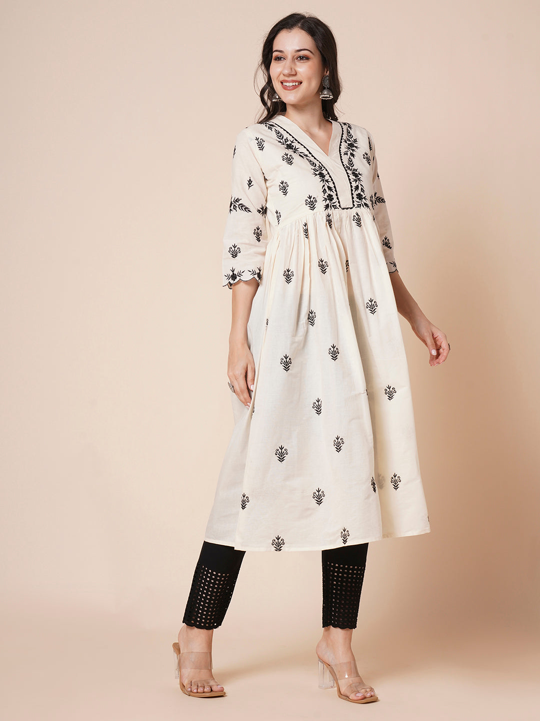 RATAN Women's Cotton Flared Lucknowi Chikankari Ethinic Wear Kurta